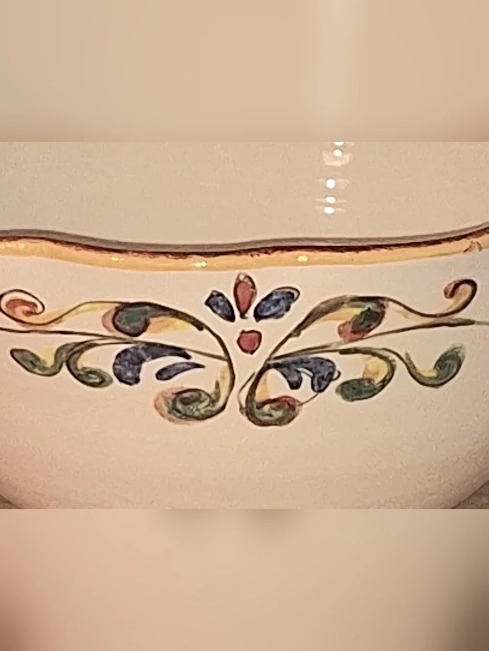 Sur La Table Cream Ceramic Pedestal Bowl with Multicolor Floral Trim